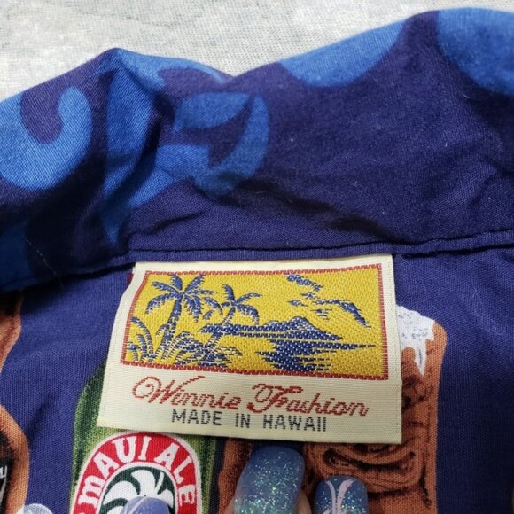 Winnie Fashion Shirt Mens Medium Blue Short Sleeve Button-Up Hawaiian Beer - Picture 4 of 5